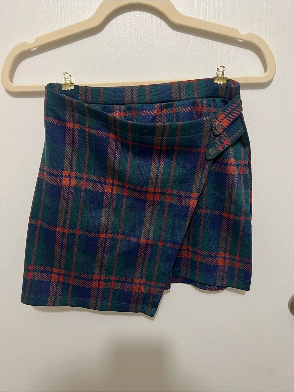 SO Plaid Wrap Mini Skirt in Navy, Green & Red